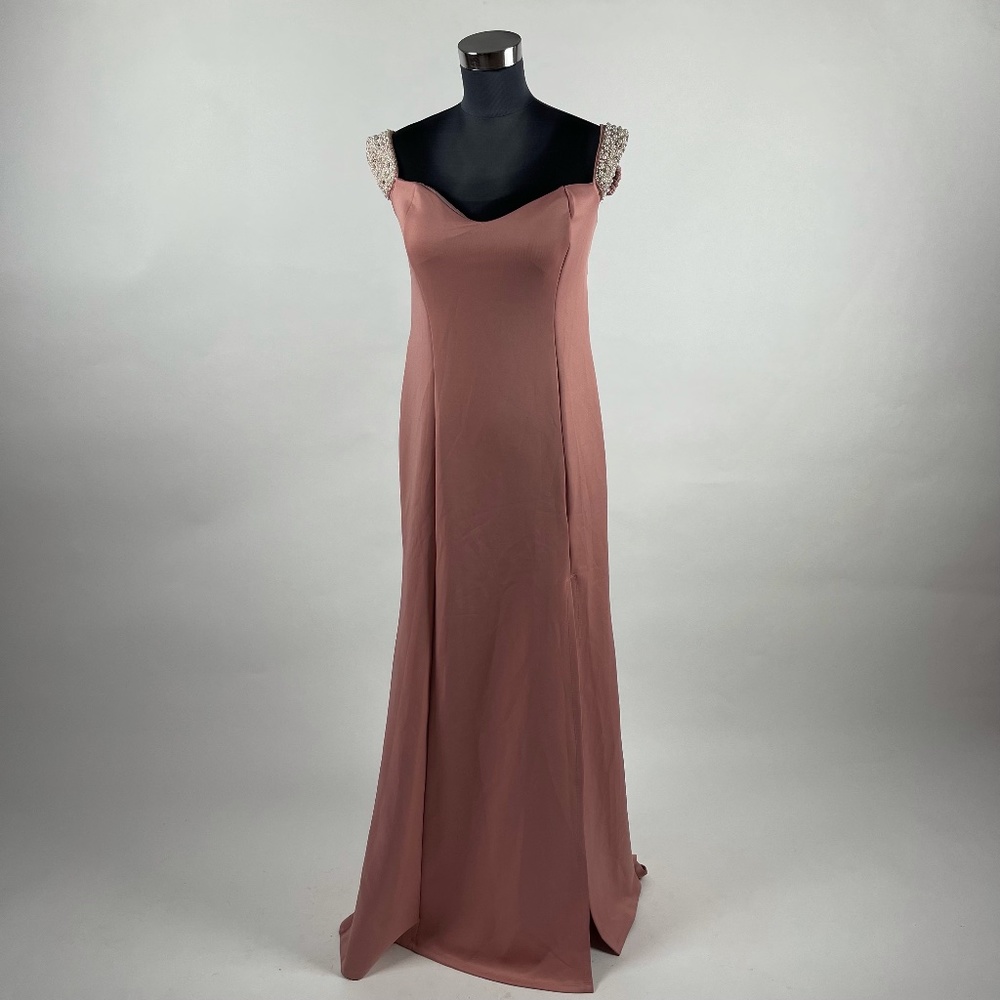 Crystal Doll Sleeveless Sweetheart Neckline Beaded Peach Evening Gown Maxi Dress